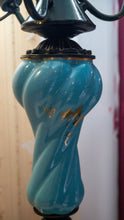 Load image into Gallery viewer, Rare 1947~1955 Fenton Blue Glass  wooden Base Beautiful blue Opalescent color Original beautiful blue Fenton Glass bowl on the top.This is in good and working condition.
